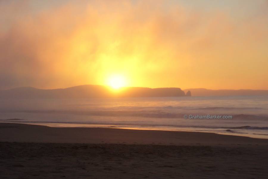 Sunrise through sea mist, Bruny Island, Tasmania