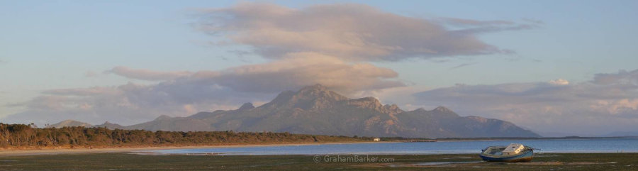 Strzelecki peaks at dusk, from the mudflats at The Bluff, near Whitemark, Flinders Island